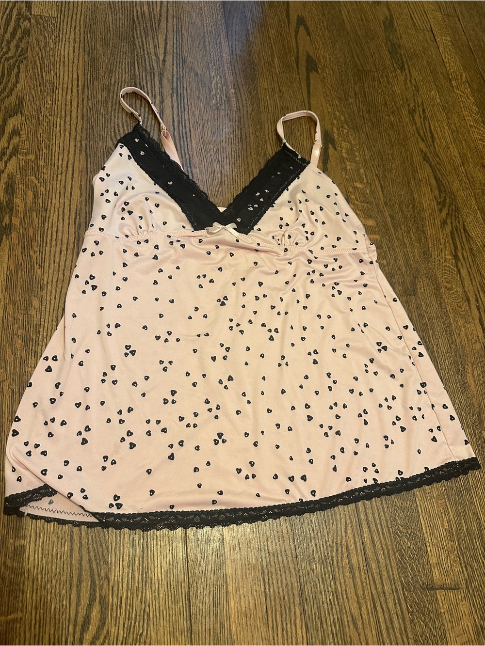 Women's Pink Heart-Print Lace Trim Babydoll Cami Chemise Y2K